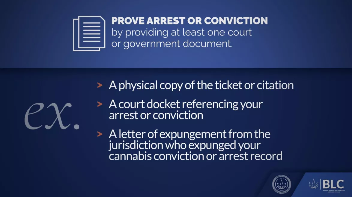 PROVE ARREST OR CONVICTION by providing at least one court or government document. - Physical copy of the ticket or citation - A court docket referencing your arrest conviction - A letter of expungement from the jurisdiction who expunged your cannabis conviction or arrest record