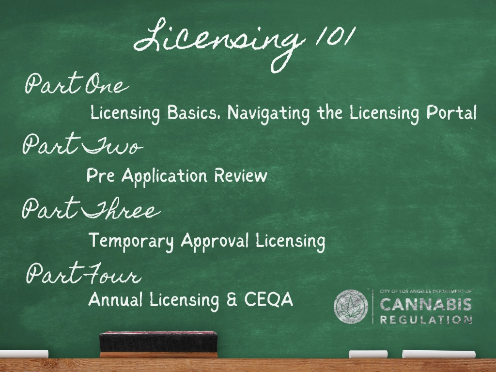 Licensing 101: Part One - Licensing Basics, Navigating the Licensing Portal; Part two - Pre-Application Review; Part Three - Temporary Approval Licensing; Part Four - Annual Licensing & CEQA