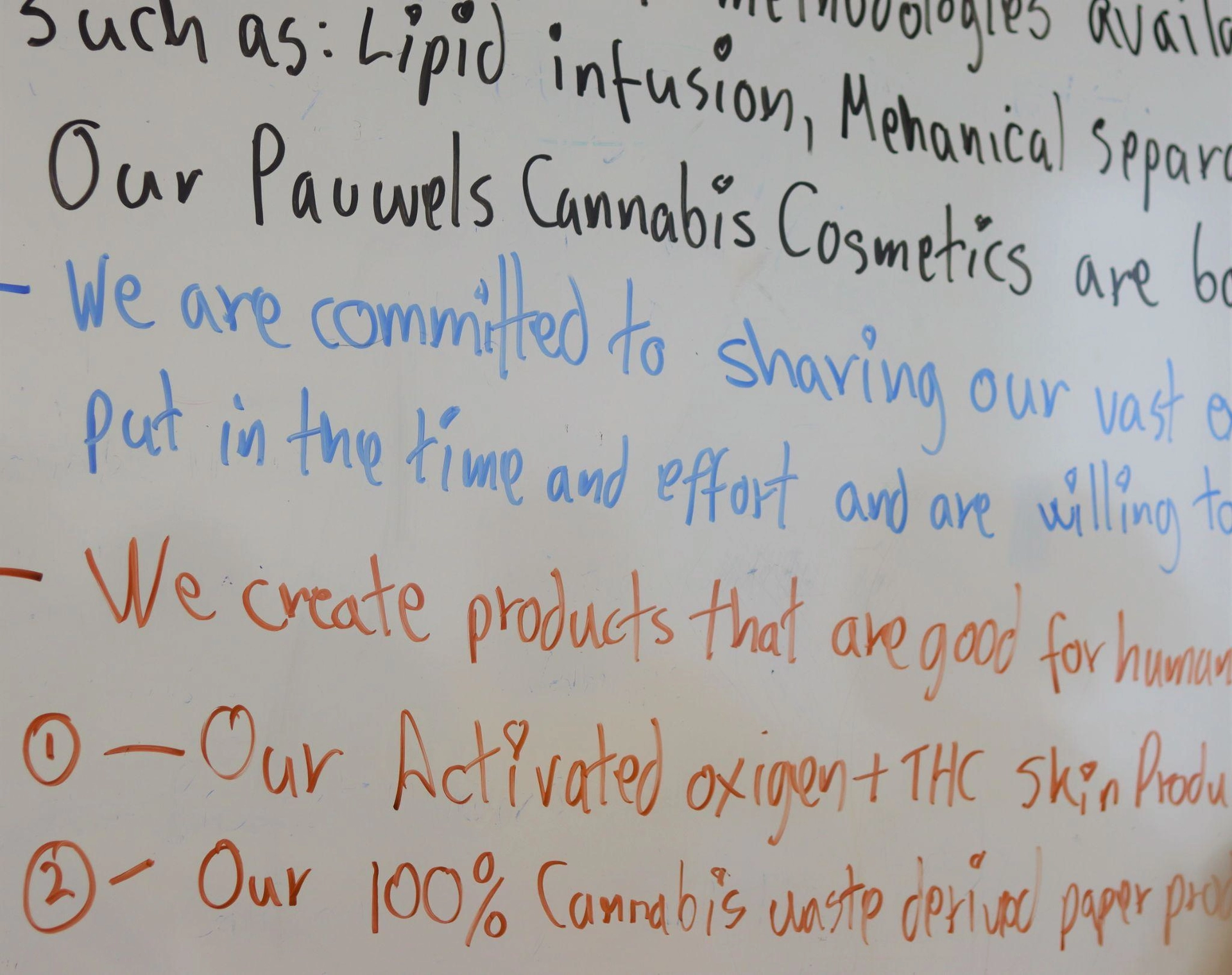 Caption The company philosophy and product attributes are proudly noted on the whiteboard at Pauwels Cannabis Cosmetics.